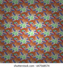 Textile print for bed linen, jacket, package design, fabric and fashion concepts. Vector seamless pattern with flowers and leaves in orange and blue colors. Floral background with watercolor effect.