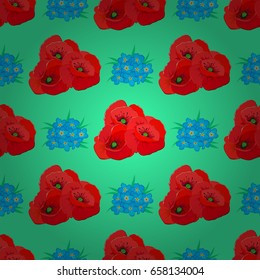 Textile print for bed linen, jacket, package design, fabric and fashion concepts. Vector seamless pattern with poppy flowers and leaves on a green background. Floral background with watercolor effect.