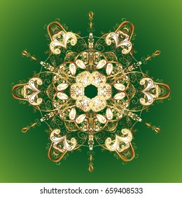 Textile print for bed linen, jacket, package design, fabric and fashion concepts. Vector background. Snowflakes with watercolor effect. Abstract golden snowflakes design.