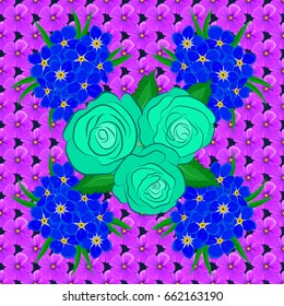Textile print for bed linen, jacket, package design, fabric and fashion concepts. Vector seamless pattern with rose flowers and green leaves on violet background. Floral background, watercolor effect.