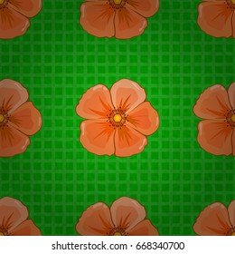 Textile print for bed linen, jacket, package design, fabric and fashion concepts. Vector seamless pattern with cosmos flowers and leaves on a green background. Floral background with watercolor effect