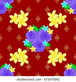 Textile print for bed linen, jacket, package design, fabric and fashion concepts. Vector seamless pattern with rose flowers, gold and leaves on red background. Floral background with watercolor effect