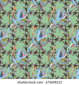 Textile print for bed linen, jacket, package design, fabric and fashion concepts. Seamless pattern ethnic design. Marine background with leaves, seashells, mandalas and watercolor effect.