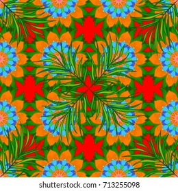 Textile print for bed linen, jacket, package design, fabric and fashion concepts. Vector seamless pattern flower design in green, orange, blue colors. Floral seamless pattern with watercolor effect.