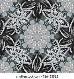 Textile print for bed linen, jacket, package design, fabric and fashion concepts. Seamless pattern ethnic design. Marine background with flowers, seashells, mandalas and watercolor effect.