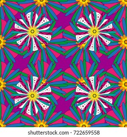 Textile print for bed linen, jacket, package design, fabric and fashion concepts. Grunge blue, magenta and green background. Abstract seamless design. Vector floral pattern with abstract flowers.