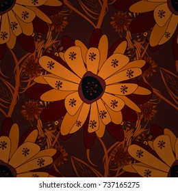 Textile print for bed linen, jacket, package design, fabric and fashion concepts. Grunge brown, red and orange background. Abstract seamless design. Vector floral pattern with abstract flowers.