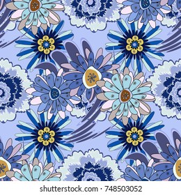 Textile print for bed linen, jacket, package design, fabric and fashion concepts. Vector floral pattern with abstract flowers. Grunge blue, gray and black background. Abstract seamless design.