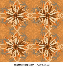 Textile print for bed linen, jacket, package design, fabric and fashion concepts. Abstract seamless design. Vector floral pattern with abstract flowers. Grunge beige, brown and orange background.