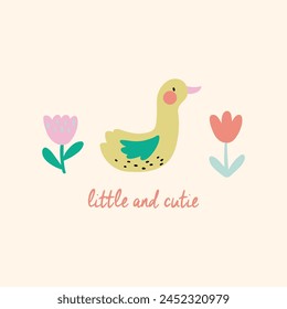 Textildruckdesign für Babymode mit niedlicher Ente und Blume als Vektorgrafik