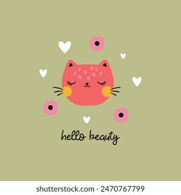 textile print design for baby fashion with cute kitty head drawing and slogan as vector