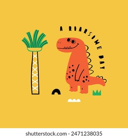 textile print design for baby fashion with cute dinosaur and tree drawing as vector