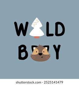 textile print design for baby fashion as vector with slogan and cute raccoon head drawing