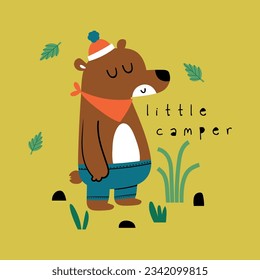 textile print design for baby kids fashion as vector with cute camper bear drawing