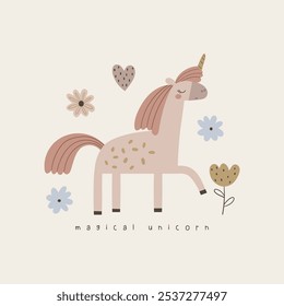 textile print design for boy fashion as vector with unicorn and flowers drawing