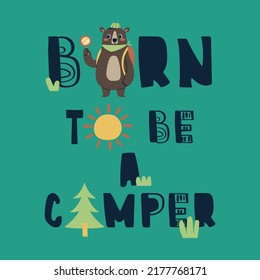 textile print design with cute bear drawn and forest items as vector