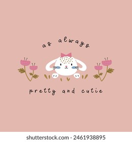 textile print design with cute bunny head and flower drawing as vector for kids fashion