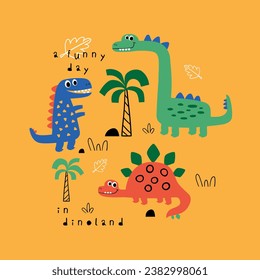 textile print design with cute dinosaurs drawing as vector