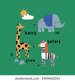 textile print design with cute giraffe, zebra and elephant drawing as vector