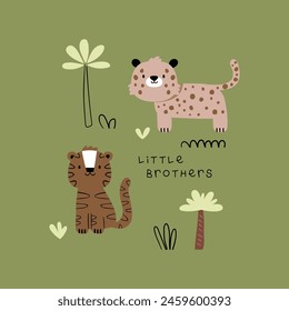 textile print design with cute leopard and tiger cartoon drawing as vector