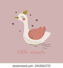 textile print design with cute princess swan drawing as vector
