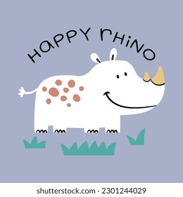 textile print design with cute rhino drawing as vector for kids fashion