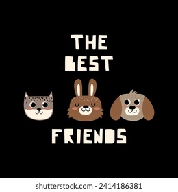 textile print design for kids fashion with cute bunny, cat and dog head drawing as vector