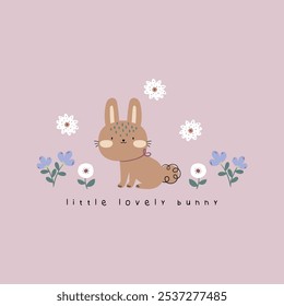 textile print design with romantic tiny flowers and cute bunny drawing as vector