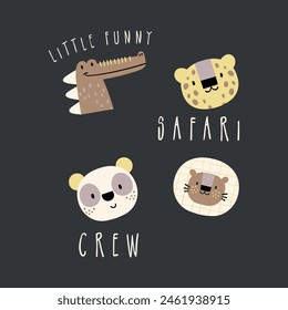 textile print design with scute alligator, leopard, panda and lion head drawing as vector