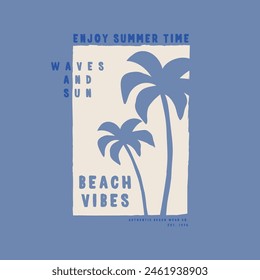 textile print design with slogan and palm drawing as vector