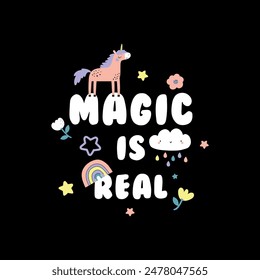 textile print design with slogan and unicorn drawing as vector