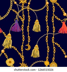 	
Textile print with golden chains, pendants and curtain brushes. Seamless vector pattern with jewelry elements. Women's fashon collection. On black background.