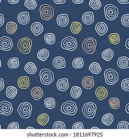 Textile print seamless pattern. Vector design with hand drawn sketchy circles. White on blue color.