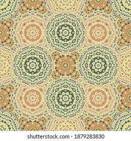 Textile print symmetrical pattern seamless graphic desgin. Pretty mandala ornament. Simple colorful symmetric pattern of doodle lace. Tribal ethnic mandala decor. Tablecloth fabric print design.