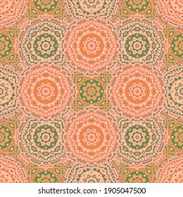 Textile symmetrisches Muster nahtlose grafische Gestaltung. Abstrakte Mandala-Ornament. Frische, farbige, symmetrische Muster der doodle Spitzen. Ethnisch-ethnische Mandalendekor. Silk Nacken Schal Print Design.