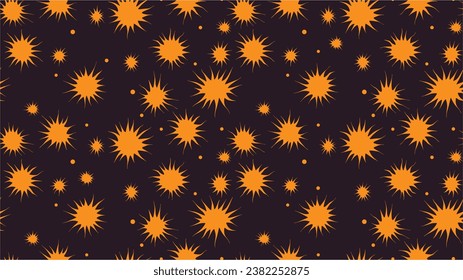 Textile printing, fabric, package, cover, greeting cards. Background design pattern covid-19. Retro burst stars wallpaper in orange night shades. Fondness backdrop. Chaotic Decor.