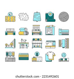 Textile Production Collection Icons Set Vector. Silk Thread And Clothing Textile Production, Sewing Machine And Factory Industrial Equipment Concept Linear Pictograms. Contour Illustrations