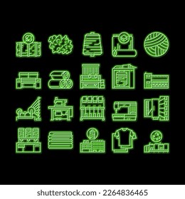 Textile Production neon light sign vector. Silk Thread And Clothing Textile Production, Sewing Machine And Factory Industrial Equipment Illustrations