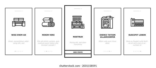 Textile Production Onboarding Mobile App Page Screen Vector. Silk Thread And Clothing Textile Production, Sewing Machine And Factory Industrial Equipment Illustrations