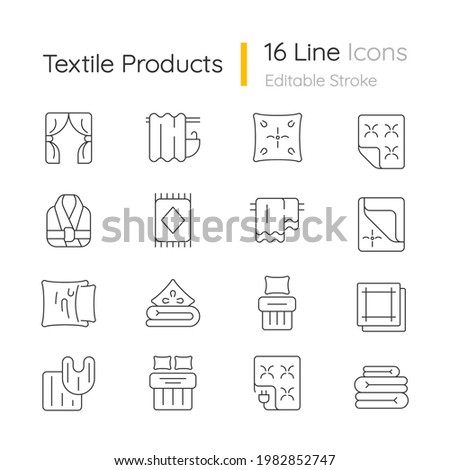 Textile products linear icons set. Home wear. Bedroom, kitchen interior decoration. Household cloths. Customizable thin line contour symbols. Isolated vector outline illustrations. Editable stroke