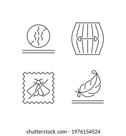 Textile qualities linear icons set. Fabric feature. Odor resistant. Moth repellent, lightweight fabric. Customizable thin line contour symbols. Isolated vector outline illustrations. Editable stroke