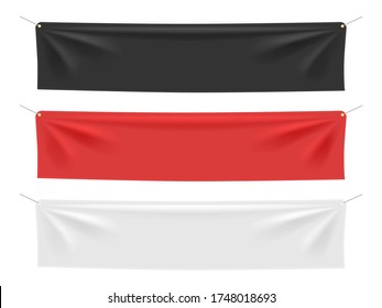 Textile realistic banner mockups. Empty flags 3d fabric signboards, hanging canvas blank placard template isolated vector illustration set. Fabric textile empty, horizontal canvas banner red and black