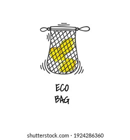 Textile, recyclable eco bag, shopping bag. Environmentally friendly packaging, zero waste. Organic food, vegetarian food in eco-friendly packaging Cartoon, doodle style.