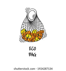 Textile, recyclable eco bag, shopping bag. Environmentally friendly packaging, zero waste. Organic food, vegetarian food in eco-friendly packaging Cartoon, doodle style.