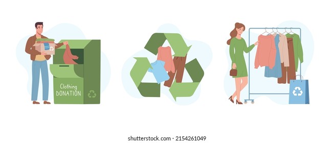 Textile recycling, eco concept. People sent for  recycle used clothes to create eco-friendly fashion. The girl chooses natural clothes made from recycled fabrics. Vector illustration in flat cartoon.