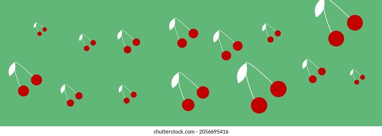 Textile Repeat Green Fruit Cute Cherries Healthy White Ornament. Bright Colorful Spring Vintage Sweet Berries Tasty Background. Negative Red Pattern Print Dessert Vitamin Retro Summer Background.
