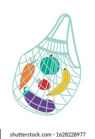 Textile reusable shopping bag, environmentally friendly eco shopper, colorful hand drawn vector illustration