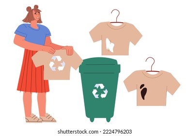 Textile reuse and recycling of used clothes concept, flat vector illustration isolated on white background. Sorting garbage for reuse materials.