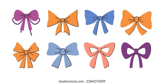 Textile ribbon bows accessories for clothes, hair. Vector isolated crafted handmade decoration for banners and posters. Silk or satin assortment of hairstyle knots, bows for festive mood