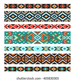 Textile ribbons, braids in the boho style with Scandinavian patterns, bead embroidery, embroidered belt. Trendy, contemporary ethnic seamless pattern, embroidery cross, squares, diamonds, chevrons.